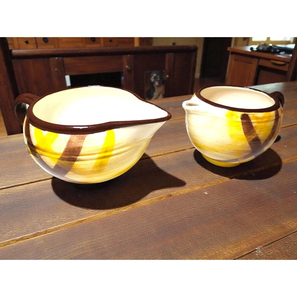Vintage Vernonware Organdie Gravy Boat & Pitcher Set Yellow Plaid Gingham MCM